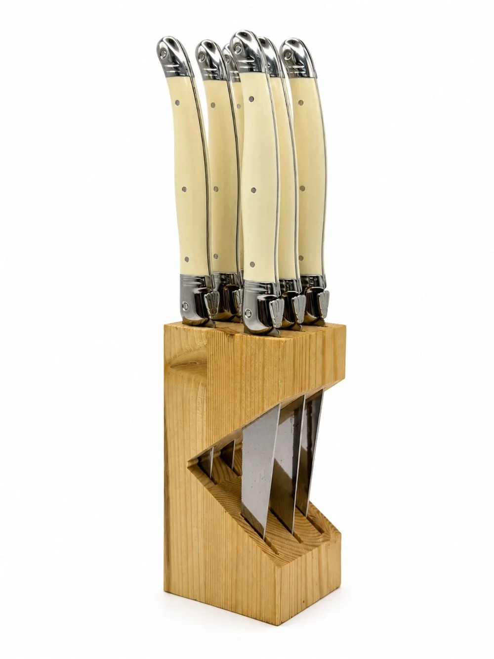 Jean Dubost Laguiole Steak Knives Set of 6 Stainless with Ivory Handles & Block